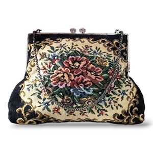 Vintage Floral Needlepoint Clutch | Kiss Lock Frame Evening Bag
